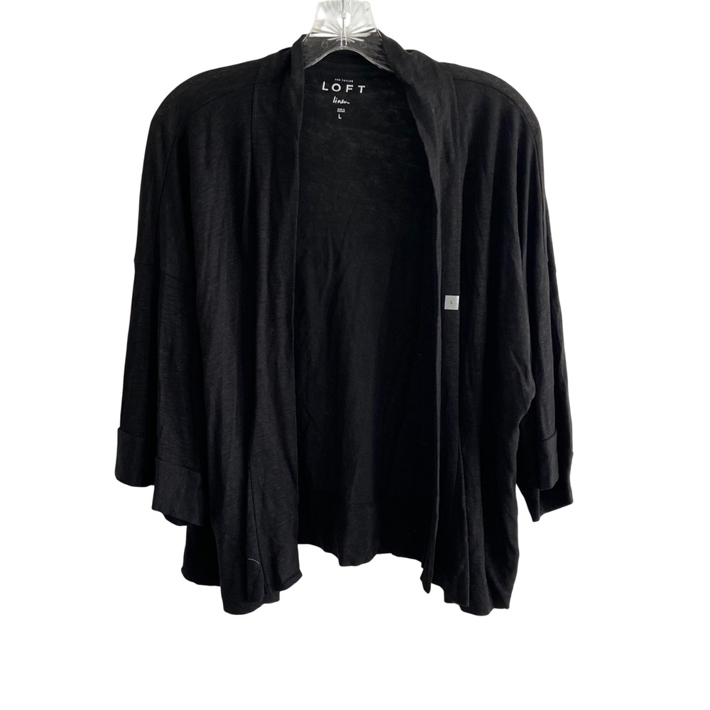 Ann Taylor LOFT Linen Cardigan Black Open Front 3/4 Sleeve Sweater 21008597 L
